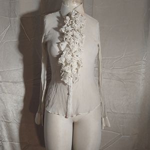 Vintage 90s Lauren Ralph Lauren Green Label 100% Silk White Ruffle Blouse Sz M.
